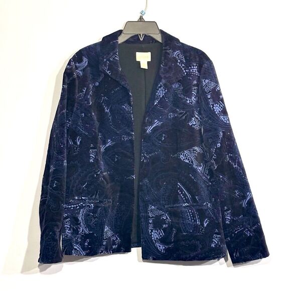 CHICO'S | Women’s Blue Velvet Blazer Paisley Design Open Front Size 12/14 - Picture 1 of 16